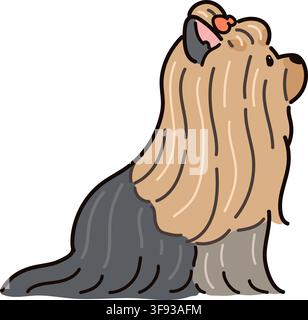Einfache und bezaubernde Illustration eines langhaarigen Yorkshire Terriers, der im Seitenansicht sitzt Stock Vektor
