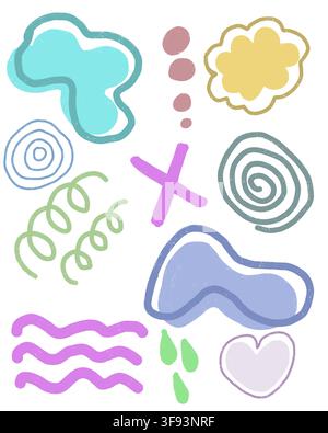 Ein lebhaftes Set niedlicher handgezeichneter abstrakter Pastellformen, darunter Blobs, Wolken, Herzen, Spiralen und wellige Kritzeleien für Aufkleber, Schreibwaren usw. Stockfoto