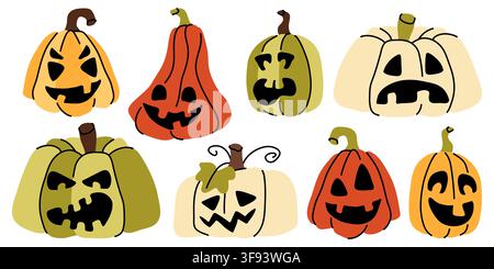 Halloween gruselig geschnitzte Kürbisse Doodle Vektor Set für Party-Dekoration Stock Vektor