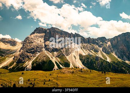 Berglandschaft in den Dolomiten, gesehen von Seceda, Südtirol, Italien, mit der Bergkette Sassolungo und den Almwiesen von Val Gardena. Stockfoto