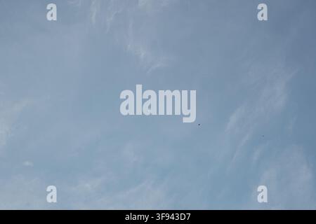 Eine minimalistische Weitwinkelaufnahme zeigt einen schwachen Halbmond zwischen dünnen Zirruswolken vor einem hellblauen Himmel bei hellem Tageslicht. Stockfoto