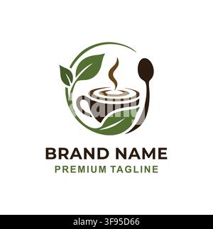 Organischer Kaffeebecher mit Blatt- und Löffel-Logo-Vektor für Eco-Café Stock Vektor