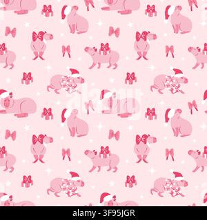 Nahtloses Weihnachtsmuster mit niedlichen monochromen rosa KapYBara, die Santa-Hüte und Schleifen tragen, zwischen Geschenken. Festlicher Vektor Stock Vektor