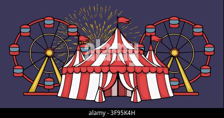 Zirkuszelt und Riesenrad-Vektorillustration mit festlichem Feuerwerk-Hintergrund Stock Vektor