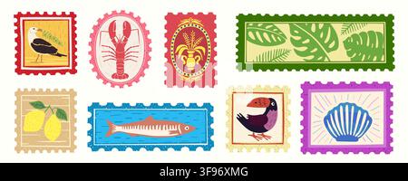 Retro tropisches Sommerreise-Stempel-Vektorset. Niedliches handgezeichnetes Hawaii-Strand-Surf-Tier-Doodle-Aufkleber-Musterdesign. Vintage-Ozean-Palmen-Urlaub-Postkarten-Druck. Stock Vektor