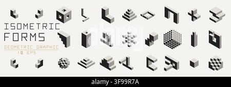 Satz von 3D-isometrischen geometrischen Formen und abstrakten Block-Vektor-Icons mit minimalistischen Architekturgestalten für modernes Grafik-Branding-Design Stock Vektor