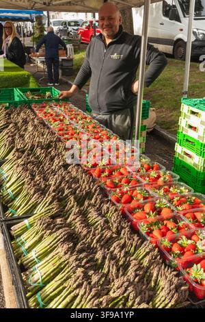 England, Hampshire, Alresford, Das jährliche Wasserkresse-Fest, Ausstellung von frischem Spargel und Erdbeeren Stockfoto