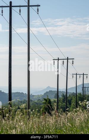 Eine ruhige Darstellung einer Stromnetzinfrastruktur in einer malerischen Landschaft mit sanften Hügeln, üppigen Wäldern und klarem Himmel unter Stockfoto