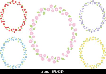 Satz von fünf ovalen Blumenrahmen, isoliert auf weißem Hintergrund. Vektorillustration. Stock Vektor