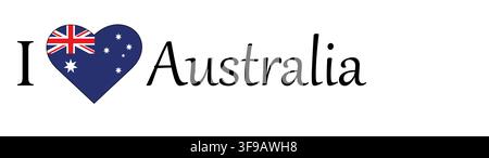 Illustration von I Love Australia mit einem herzförmigen Schild mit einer Flagge auf weißem Hintergrund Stockfoto