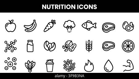 Ernährungs-Icons Gesunde Ernährung Diät Fitness Zutaten Kochen Minimalistische Linienkunst Vektor-Bundle Stock Vektor