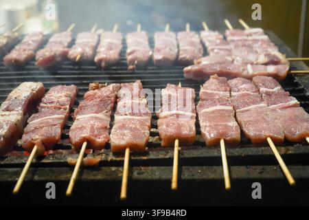 Reihen von rohen marinierten Schweine-Spießen, die auf einem Outdoor-Holzkohlegrill mit aufsteigendem Rauch garen. Traditionelle griechische Souvlaki-Zubereitung. Stockfoto