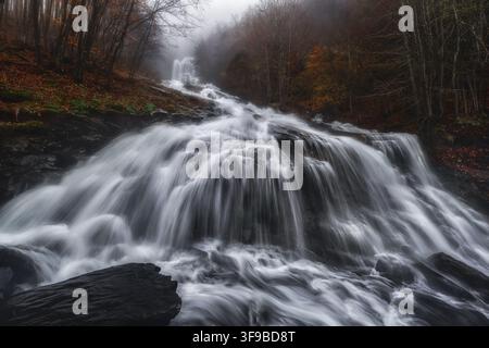 Blick auf die Cascate del Dardagna, einen mehrstufigen Wasserfall, der über dunkle Felsen fließt, umgeben von Herbstwald mit nebliger Atmosphäre in Lizzano In Belved Stockfoto