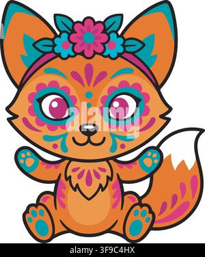 Süßer Sugar-Skull-Fuchs Tag der Toten Día de los Muertos mexikanische Blumengesichtsfarbe Vektorillustration Grafik Clip Art Stock Vektor