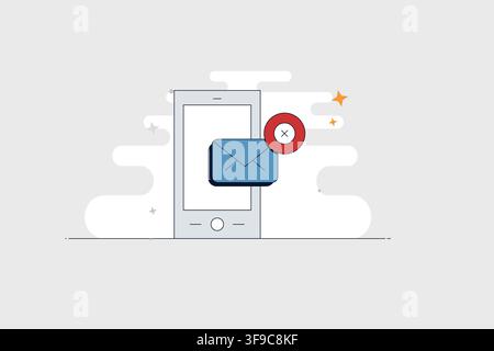 Mobiltelefon mit Abbrechen-E-Mail-Symbol für abgelehnte Nachrichten und Posteingang-Aktionen Stock Vektor