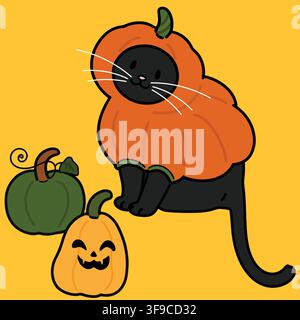 Einfache und bezaubernde Halloween-Illustration einer schwarzen Katze in Kürbis-Kostüm umrissen Stock Vektor
