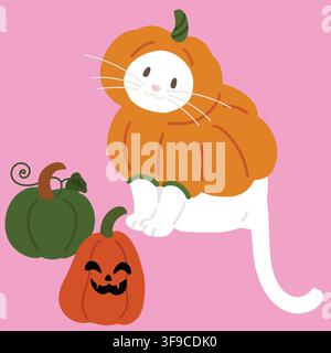 Einfache und bezaubernde Halloween-Illustration von Weißer Katze im Kürbiskostüm flach koloriert Stock Vektor