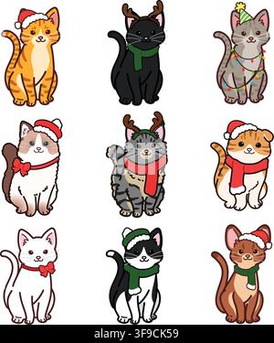 Einfache und bezaubernde Katzen im Vorderansicht-Set in Weihnachtsversion Stock Vektor