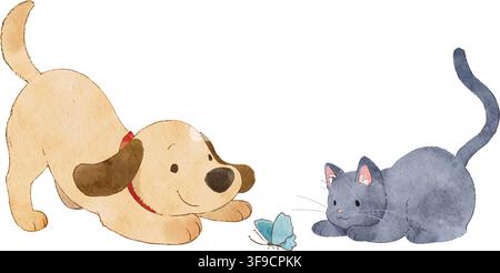 Niedlich handgezeichneter neugieriger Hund und Katze in Aquarell Stock Vektor