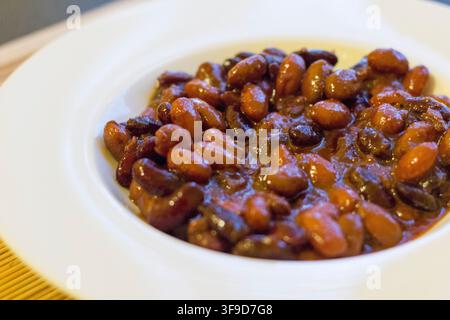 Nahaufnahme von herzhaften geschmorten Mischbohnen in einer dicken, reichhaltigen Soße, serviert in einer flachen weißen Keramikschale Stockfoto