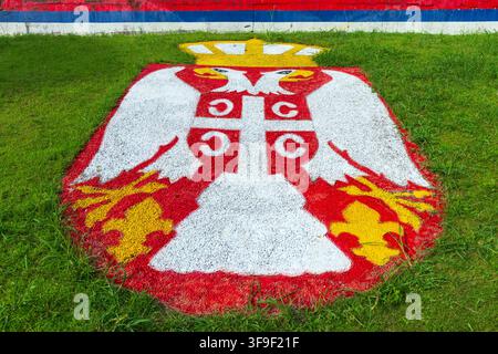 Das kleinere Wappen Serbiens auf den Rasen in Belgrad, Serbien gemalt Stockfoto