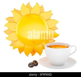 Kaffeetasse mit Sonne und Kaffeebohnen, Morgenenergie-Konzept. 3D-Rendering isoliert auf weißem Hintergrund Stockfoto