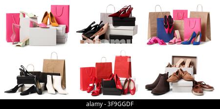 Verschiedene Damen- und Herrenschuhe mit Einkaufstüten und Schachteln Stockfoto