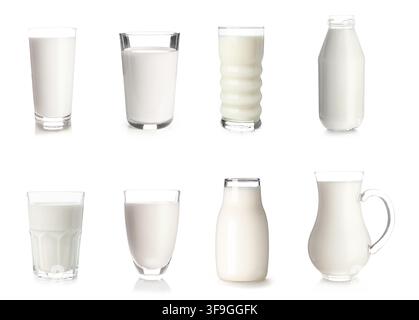 Acht Gläser, Flaschen und eine Kanne frischer weißer Milch, Milchprodukte und gesunde Ernährung Stockfoto