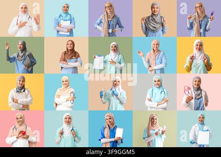 Collage verschiedener junger muslimischer Ärztinnen und Krankenschwestern, die Hijabs, medizinische Uniformen und Stethoskope tragen und selbstbewusst lächeln Stockfoto