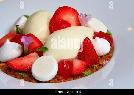 Ein Gourmet-Dessert mit cremigen Vanilleeisschöpfen, frischen Erdbeeren, süßen Baiserperlen und essbaren Blumen auf einem weißen Teller. Stockfoto