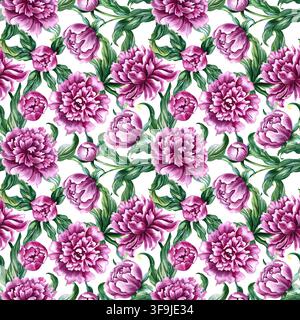 Nahtloses Muster mit rosa Pfingstrosen. Eine handgezeichnete Aquarellillustration. Ideal für Textilien, Tischdecken und Vorhänge, Tapeten, Bezüge, Verpackungen Stockfoto