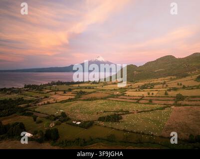 Luftbild des Osorno-Vulkans, der über dem ruhigen Llanquihue-See aufragt, umgeben von üppigen grünen landwirtschaftlichen Feldern und sanften Hügeln bei Sonnenuntergang in Pue Stockfoto