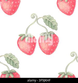 Nahtloses Kokett-Erdbeeren-Muster. Handgemalte Aquarellillustration isoliert auf Weiß für Textilien, Stoffe, Briefpapier, Verpackungen, Verpackungspapier Stockfoto