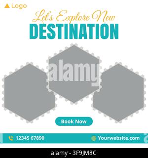 Erkunde neue Ziele und Reise-Tour-Social-Media-Post-Banner-Vorlage für Urlaubs promotion und Tourismus-Marketing. Stock Vektor