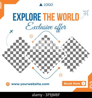 Erkunde die Welt und reise Tour Social Media Post-Banner-Vorlage für Urlaubsförderung und Tourismus-Marketing. Stock Vektor