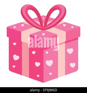 Rosa Geschenkschachtel mit Herzmuster und Schleifenband flaches Symbol für Geburtstag oder Valentinstag Stock Vektor