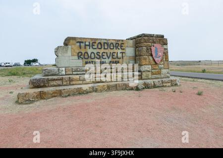 Ein Blick auf den Eingang zum Theodore-Roosevelt-Nationalpark in North Dakota am 11. August 2026. Stockfoto