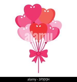 Bündel von rosa und roten herzförmigen Ballons, die mit einer rosa Schleife gebunden sind Stock Vektor