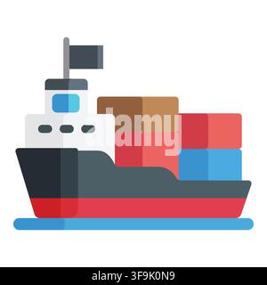 Moderne Frachtschiff-Illustration mit farbenfrohen Containern und einer Flagge auf weißem Hintergrund Stock Vektor