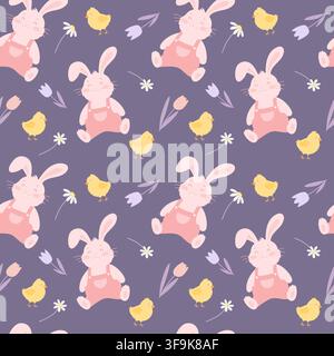 Ein nahtloses Pastellmuster mit verspielten Illustrationen von Kaninchen in Latzhosen, Küken und Blumen vor einem gedeckten violetten Hintergrund. Stock Vektor