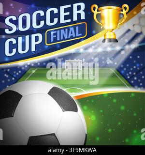 Fußballposter Meisterschaft mit Ball, Fußballfeld und Goldpokal. Vektorillustration Stock Vektor