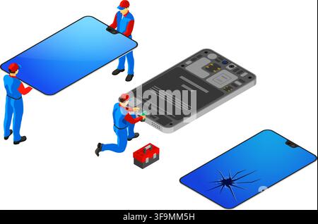 Reparaturservice Für Mobiltelefone. Isometrische Menschen in einheitlicher Reparatur kaputter Smartphone-Bildschirm. Online-Internet-Support. Vorlage für Landing-Page. Isoliertes Fahrzeug Stock Vektor