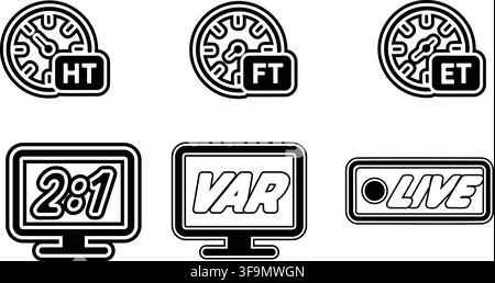 Fußball-Ikonensatz aus Halbzeit, Vollzeit, Verlängerung, Anzeigetafel, VAR und Live-Etikett, doppelt umrandet, Silhouette, Glyphe, monochrom isoliertes Symbol Stock Vektor