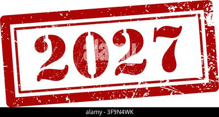 Red 2027 Grunge-Stempel-Illustration, abgenutztes Jahresetikett mit rechteckigem Rahmen, Vintage-Datumsmarkengrafik für Kalender, Frist, Dokument, Planung Stock Vektor
