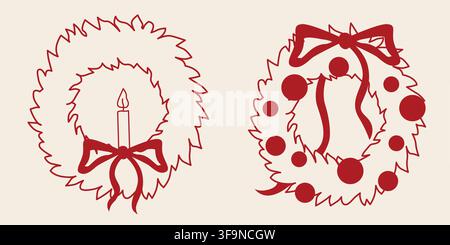 Handgezeichnete weihnachtliche dekorative Tannenkranz mit Kerze, Schleifen, Weihnachtskugeln für saisonale Partydekoration, Verpackung, Karten Stock Vektor