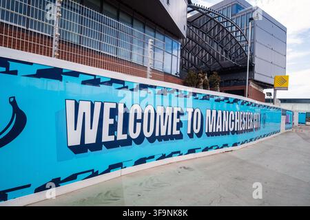 Etihad-Stadion  Zuhause des Manchester CityFootball Clubs. Blick auf die Außenseite des Stadions.Manchester  UK 15. August 2026 Stockfoto