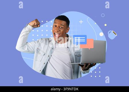 Lächelnder junger schwarzer Mann, der einen Laptop hält und den Erfolg im Büro feiert, Geschäftskonzept Stockfoto