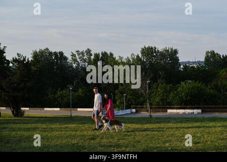Paar genießt einen Sommer-Spaziergang mit seinem Hund im Park, umgeben von grünen Bäumen und Natur. Seitenansicht-Porträt einer glücklichen jungen Familie. Stockfoto