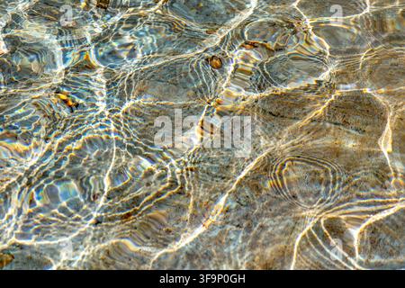 Süßwasserwellen über strukturierten Steinen am Fuße eines Brunnens mit Sonnenlichtreflexionen und fließenden Mustern Stockfoto