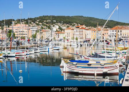Bunte traditionelle Pointu-Boote, die im alten Hafen von La Ciotat, Frankreich, vor Anker liegen, spiegeln sich in ruhigen Gewässern mit Küstenhügeln im Hintergrund. Stockfoto